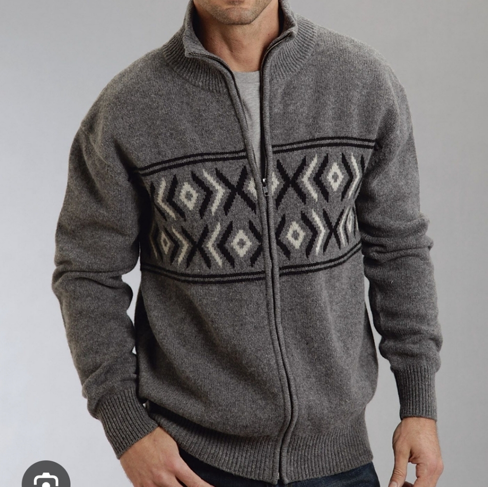 Stetson Grey Patterned Wool Zip Mock Neck Cardigan Sweater Mens Large